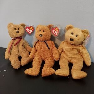 Set Of 3 TY Beanie Babies Cashew, Fuzz And Curly